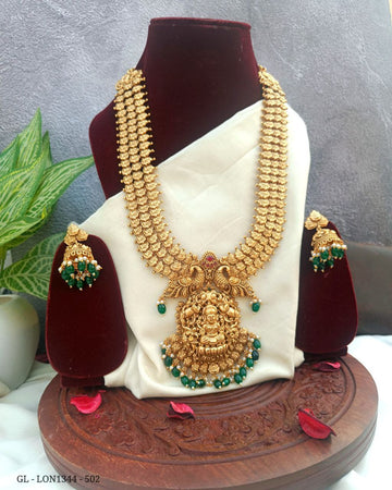Antique Gold Finish - Nakshi Temple Style - Three layered Lakshmi  alligned - white Polki Green beads Hanging Broad Long haram includes Temple Style Jhumkis