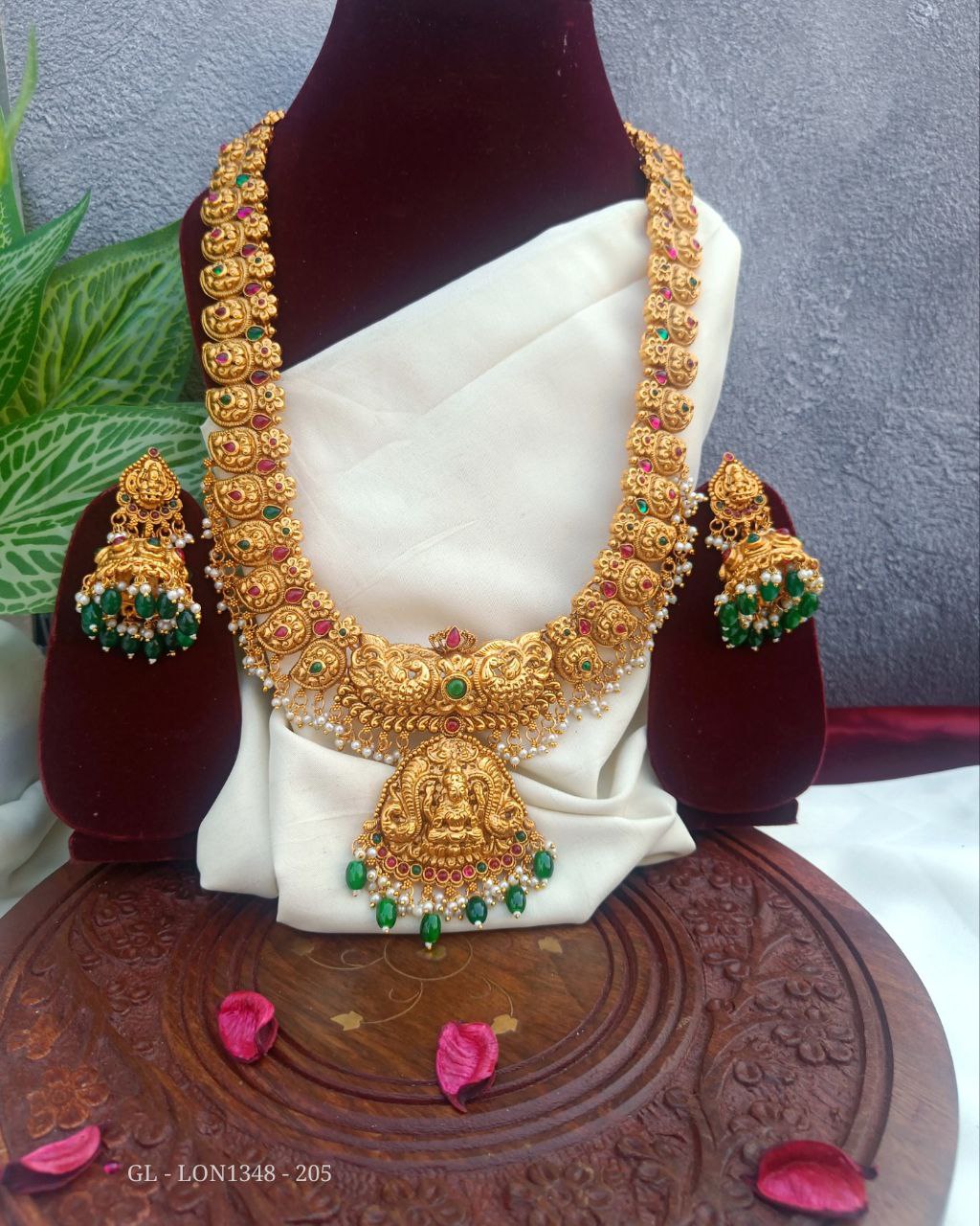 Antique Gold Finish -Kemp stones studded -  Nakshi  -Mango alligned -Peacock Lakshmi Centered Polki beads Green Beads Hanging Long haram includes Temple Style Jhumkis