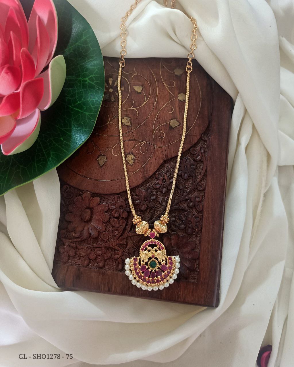 Micro Gold Plated ruby emerald - Peacock design Pearl embellished Pendant Short Necklace