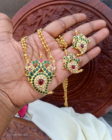 Gold Finish CZ Ruby Emerald layered Mango Peacock short necklace set GL-SHO1383-228
