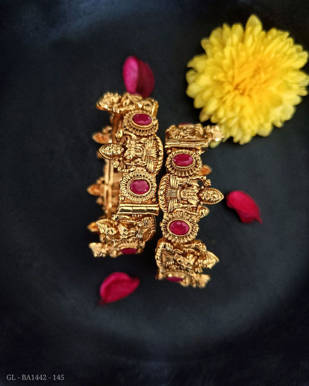 Antique Gold Finish - Ruby Pink Stones alligned Lakshmi Designer Bangles - Comes as 2 pcs set