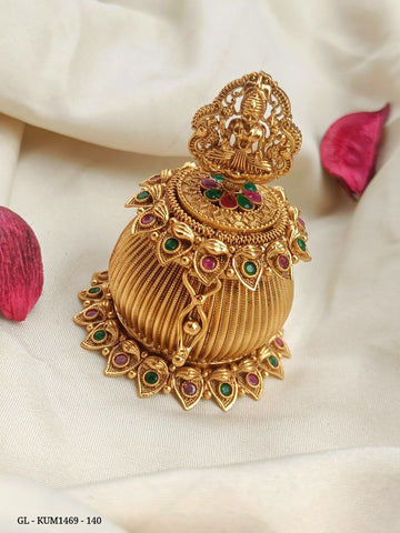 Gold Plated Ruby emerald stones Seated Lakshmi Traditonal Kumkum box GL-KUM1469-140