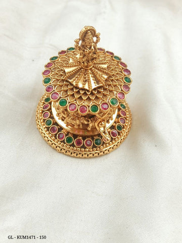 Gold Plated Ruby emerald stones asymmetrically alligned - Seated Lakshmi - Elephant Design - Pressing Type lock -Kumkum box