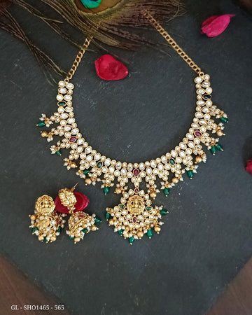 Gold Finish CZ multicolor Kemp Lakshmi centered Necklace set GL-SHO1465-565