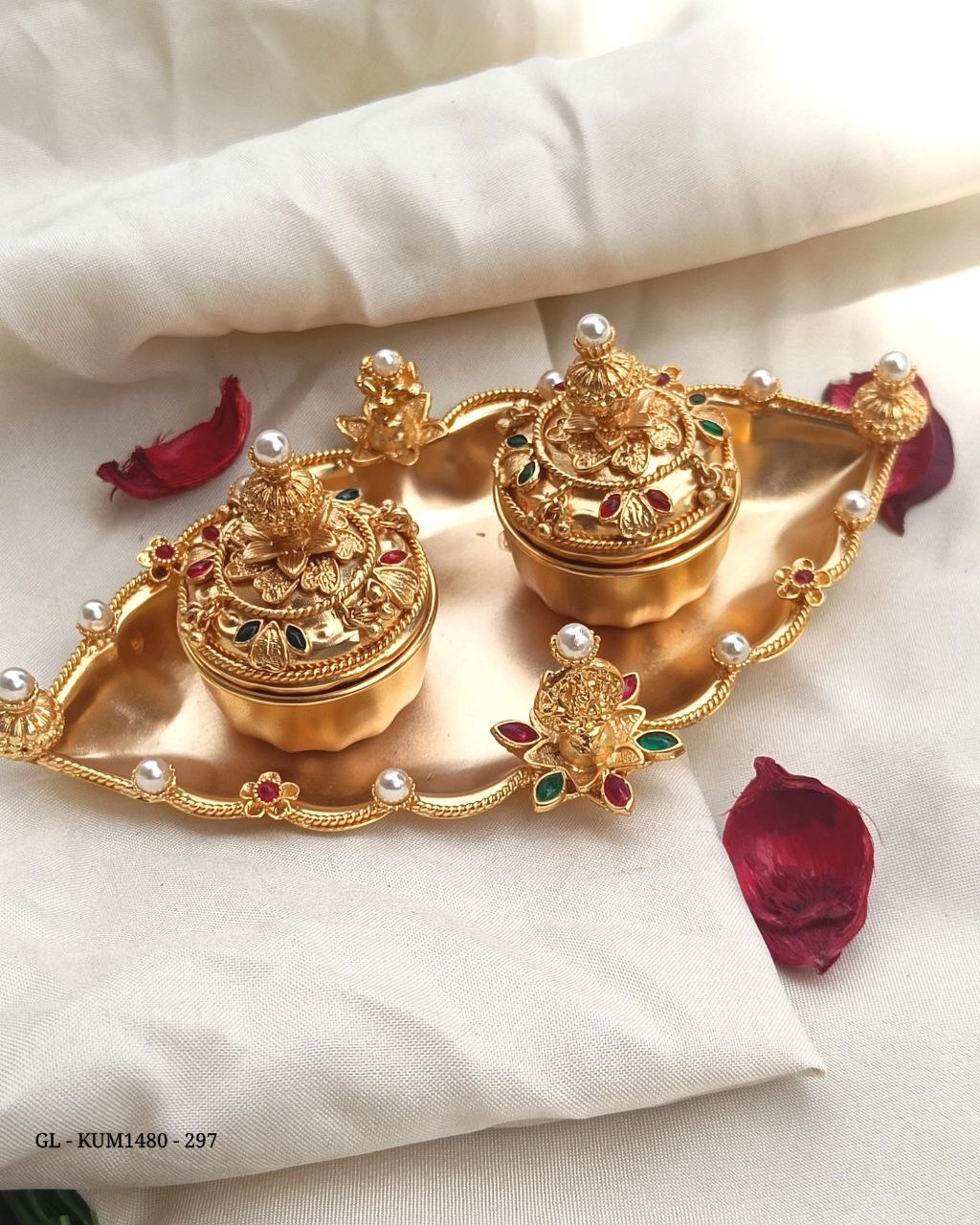 Golden traditional stylish kumkum box with poojaplate - wedding,festival gift
