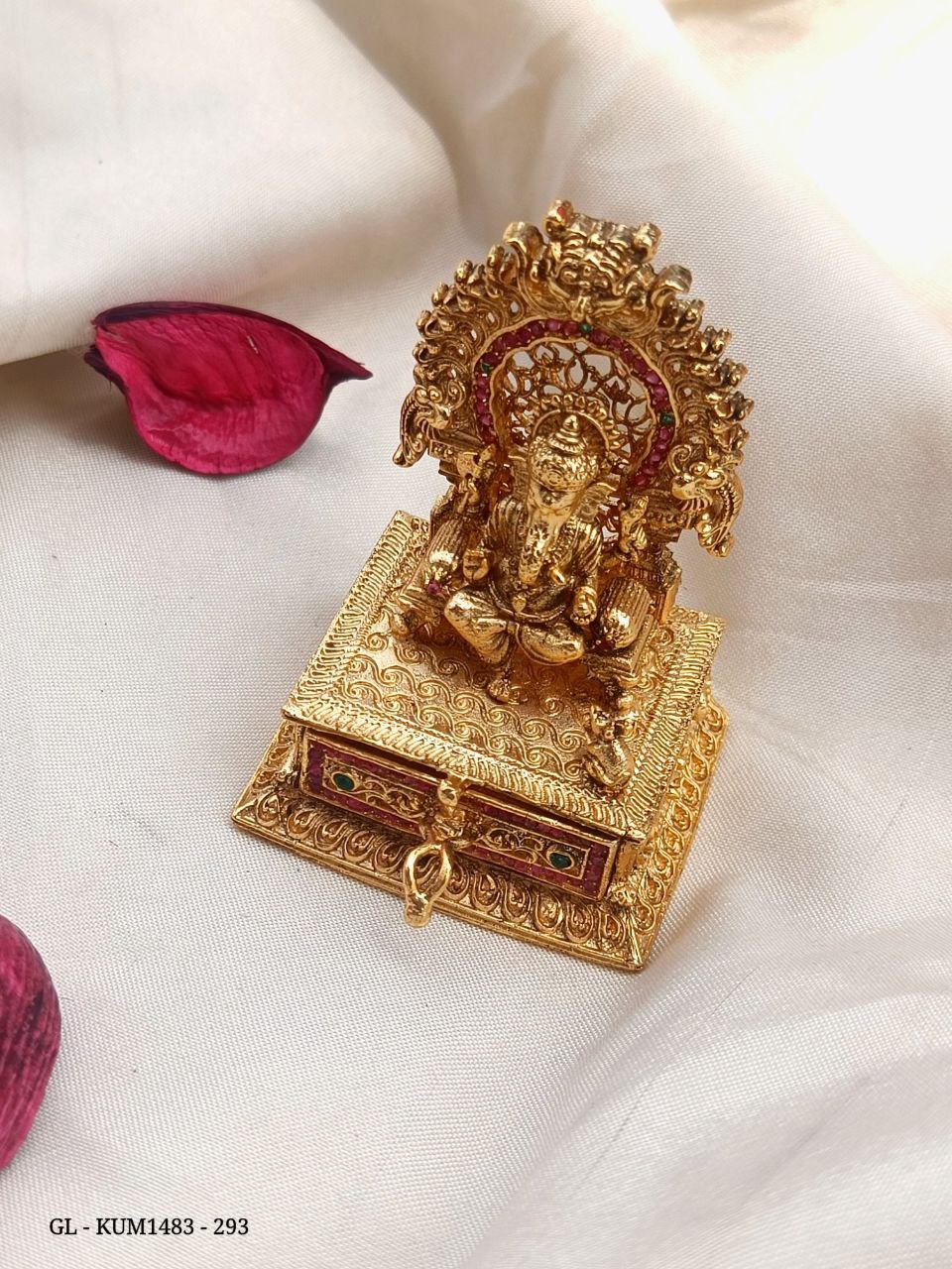 Gold Finish Traditional Vinayagar - open close Drawer Type sindhoor box - Temple Style kumkum box