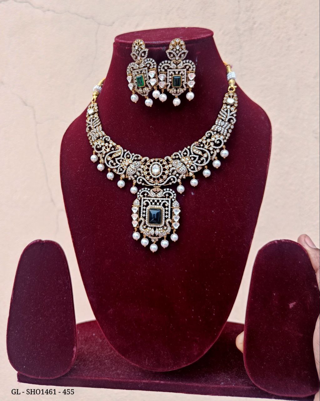 Victorian CZ stones peacock elephant design Pearl dropping Short Necklace set GL-SHO1461-455