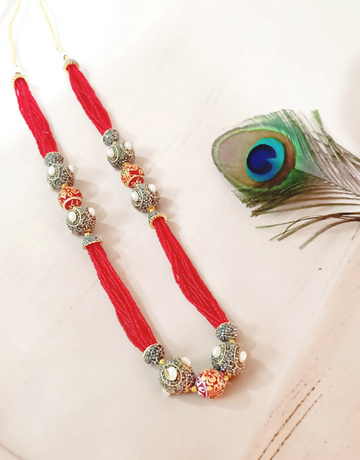 Ornate beaded Mala -Ruby and white stone