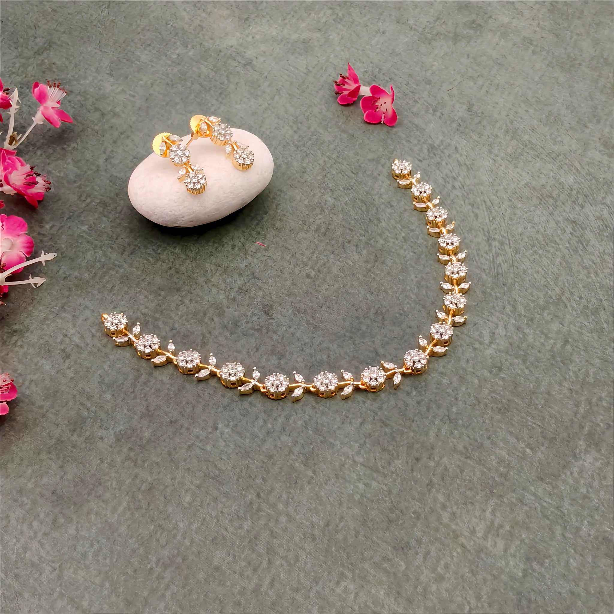Gold plated AD stone Flower- Petal Design  necklace set