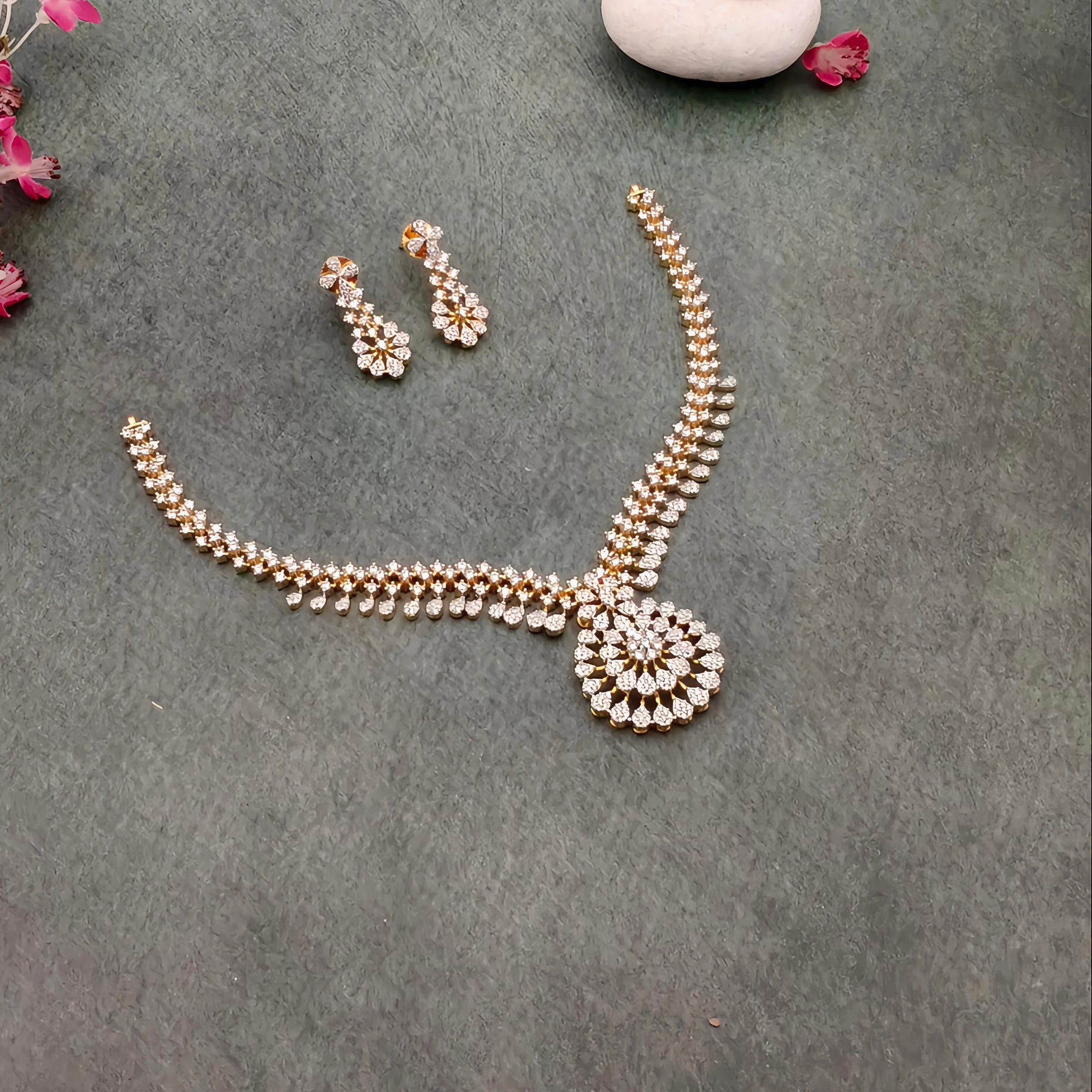 Gold plated AD stone Floral Design  necklace set