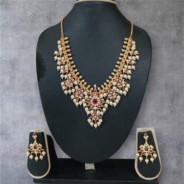 Design 11 - 50 % Off  : Ruby and stone studded short necklace set