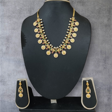 Design 2 - 50 % Off  : Temple design Ruby, Emerald & Pearl studded short necklace set