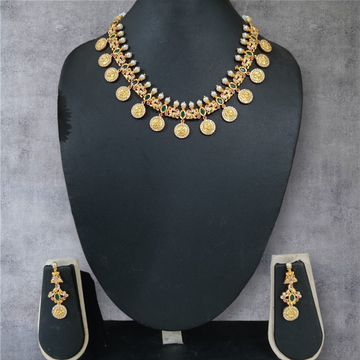 Design 13 - 50 % Off  : Temple design Emerald & Pearl studded short necklace set