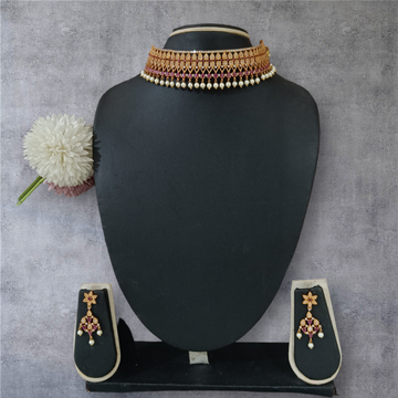 Design 1 - 50 % Off  : Ruby, Pearl & Stone studded short necklace set
