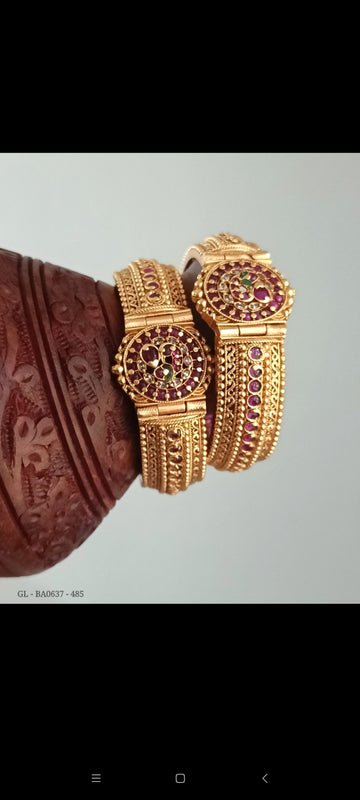 Gold finish AD Ruby peacock centered designer Bangles - 2 Pc Set GL-BA0637-485