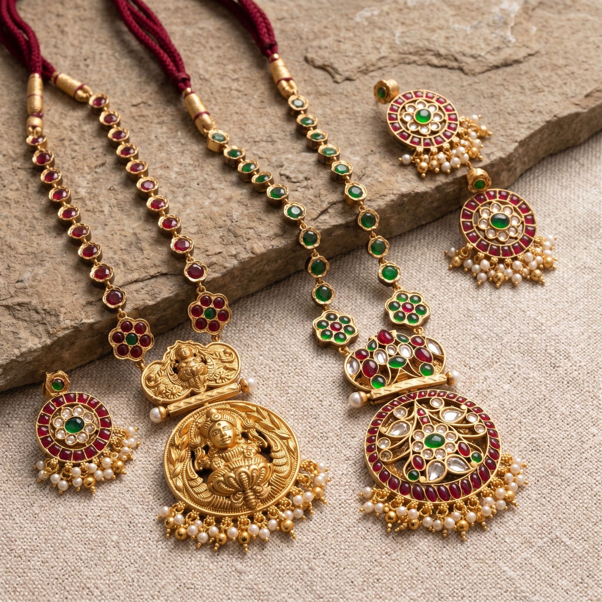Detailed close-up of reversible temple jewellery set laid on textured surface, highlighting craftsmanship and realistic reflections.