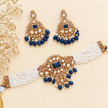Blue Pearl choker -  Mossanaite stone Necklace set