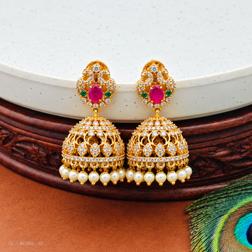 Gold plated AD pink stone  pearl jhumkas