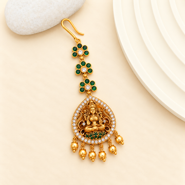 Cz Antique gold finish Green Tikka