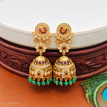 Micro gold AD Ruby Emerald stone green drop jhumkas