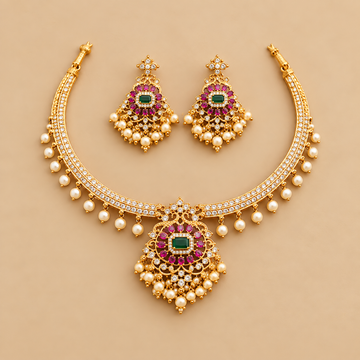 Gold finish Ruby Emerald stone pearled choker