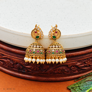 Micro gold peacock top pearl jhumkas