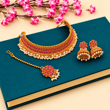 Gold finish choker necklace set - design 3