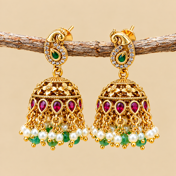 Gold plated peacock top Green pearl jhumkas