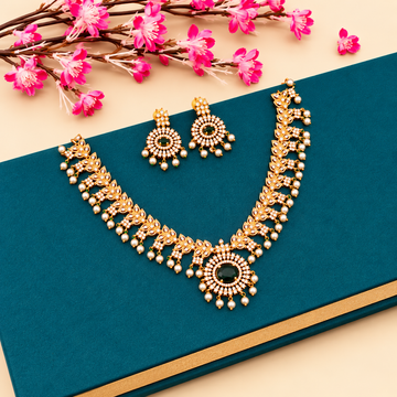 Elegant gold-plated necklace set-green Ruby -pearl