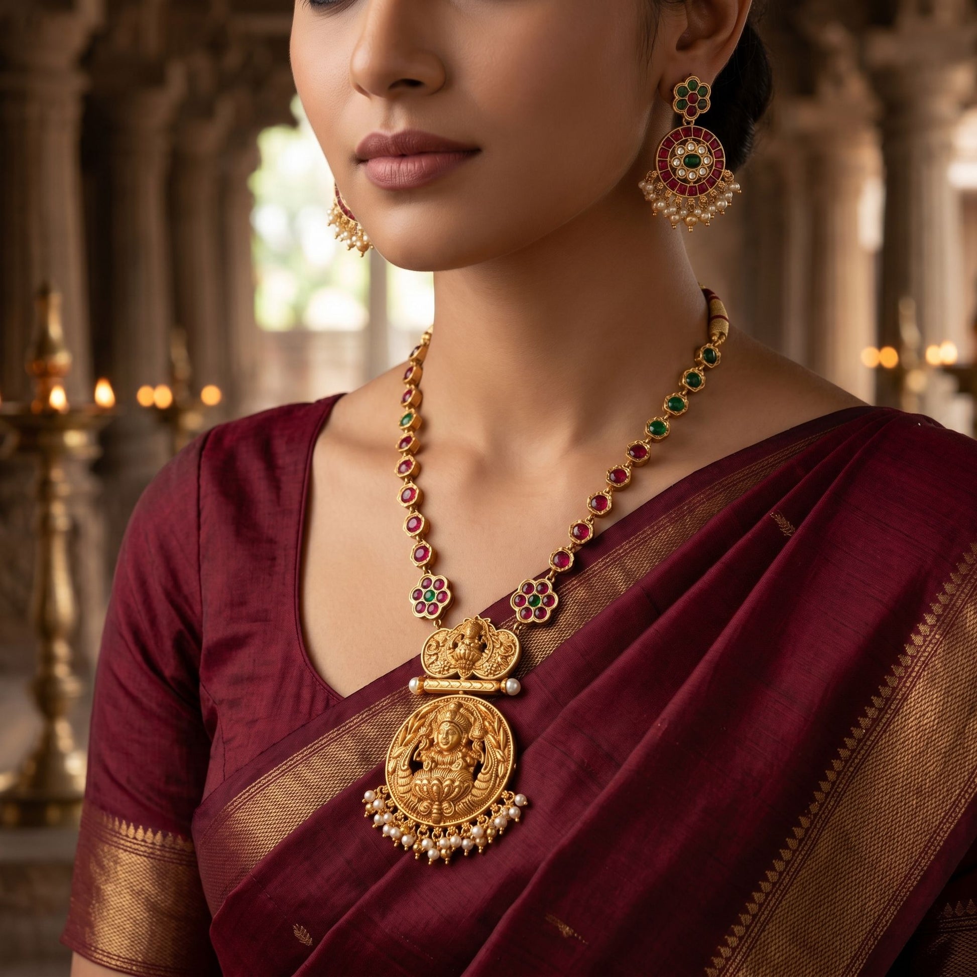 Model wearing reversible 2 in 1 temple jewellery set below the collarbone, showcasing intricate stone details and gold finish.