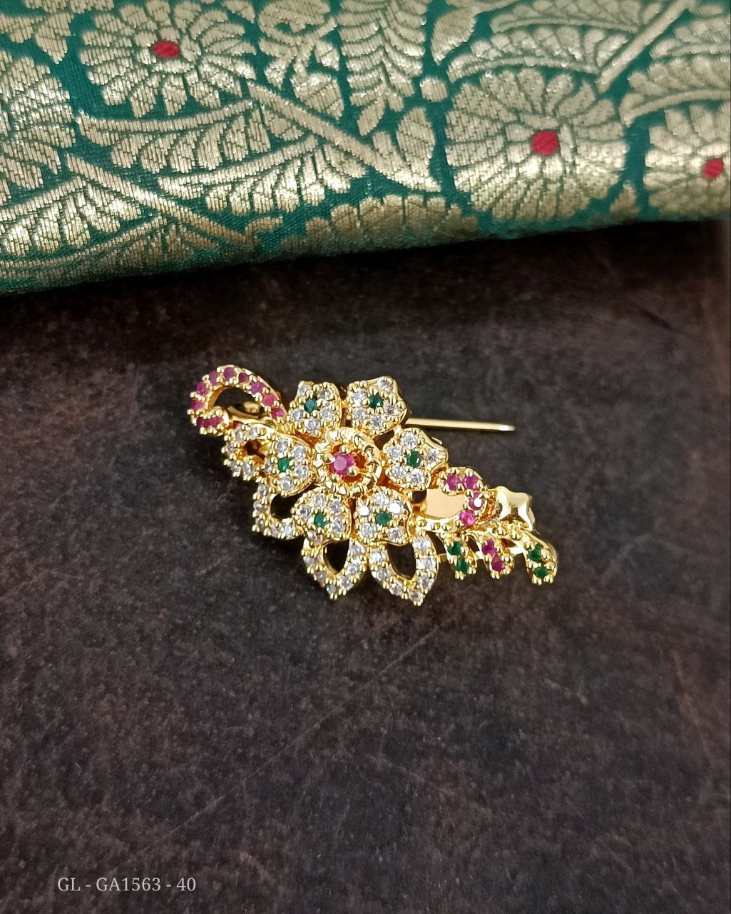 Gold Finish AD Ruby Emerald Floral Saree Pin - GL-GA1563-40