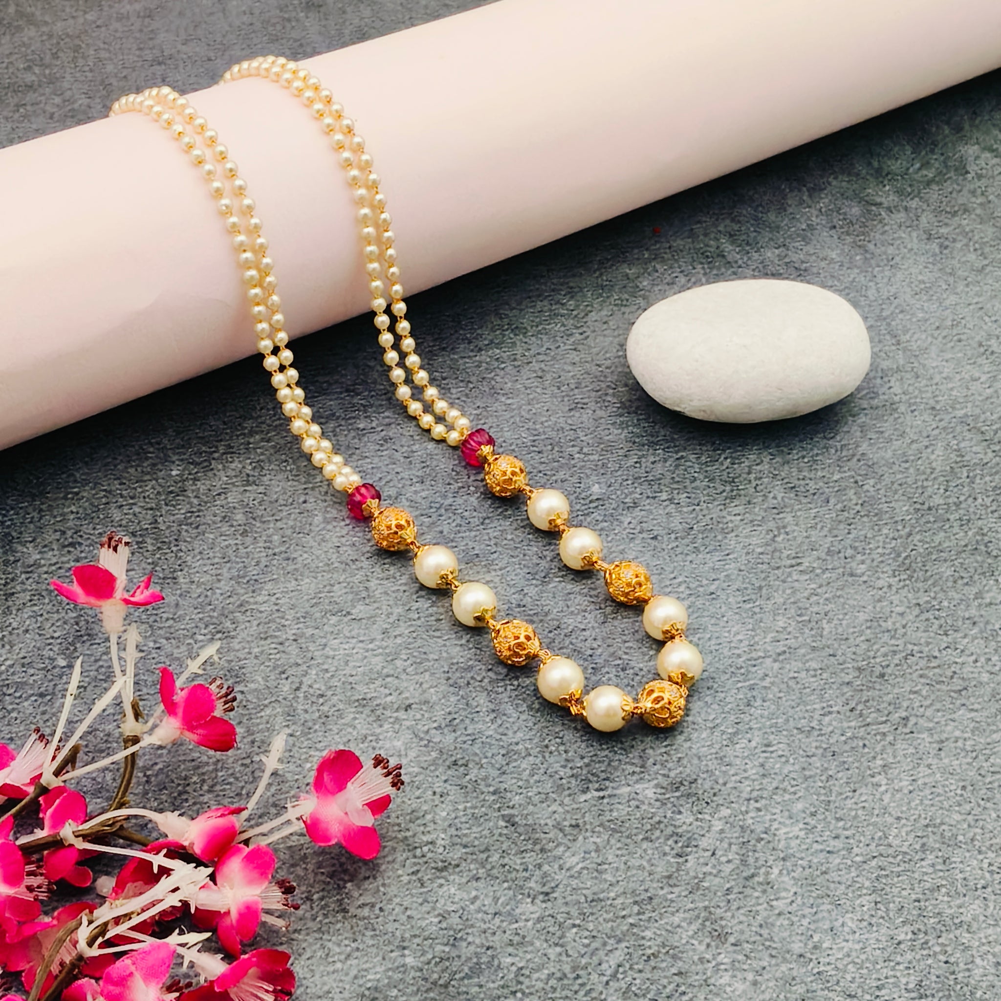 Gold finish Pearl bead chain - pink