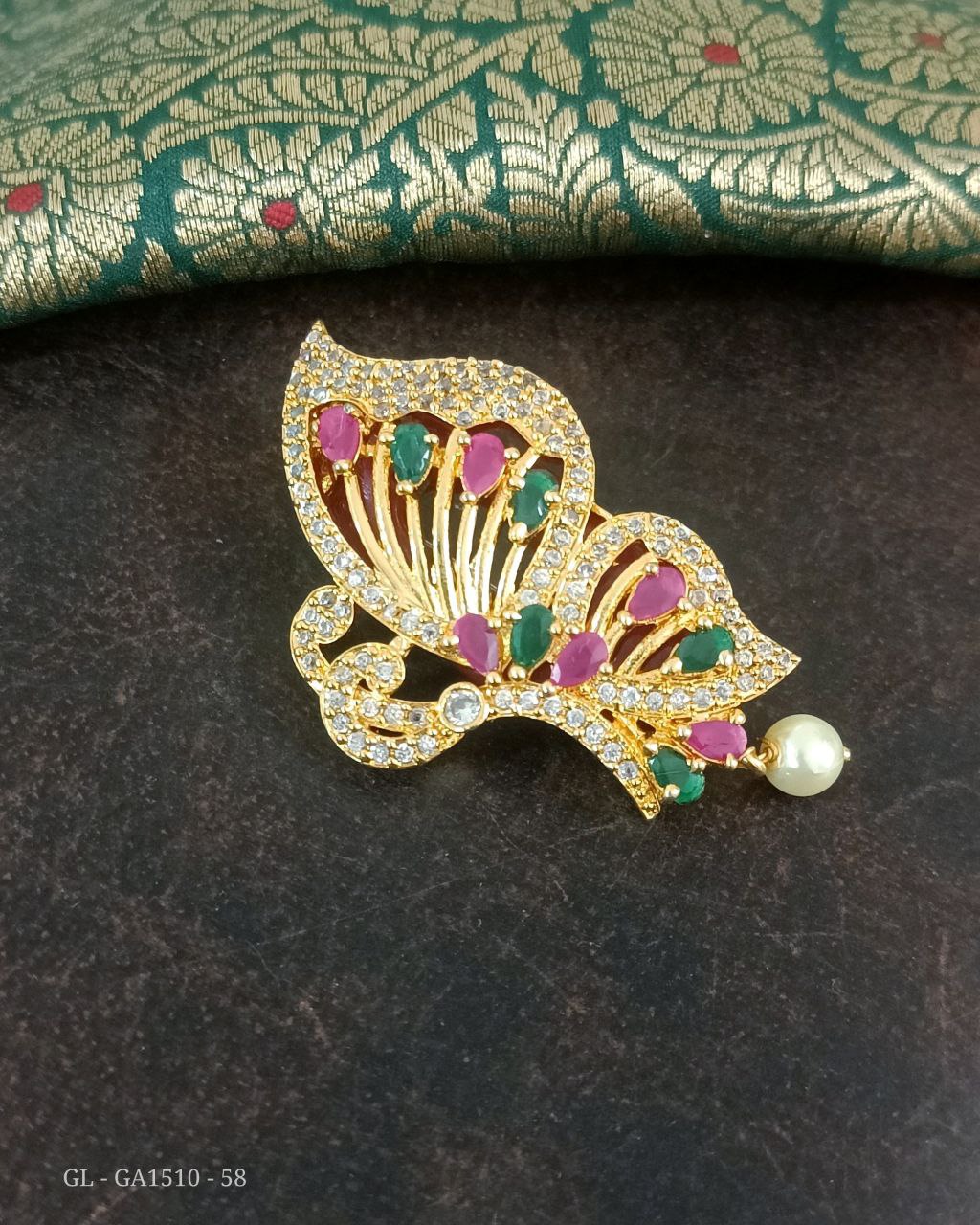 Silver Finish AD Multistones Stone Peacock Saree Brooch Pin - GL-GA150