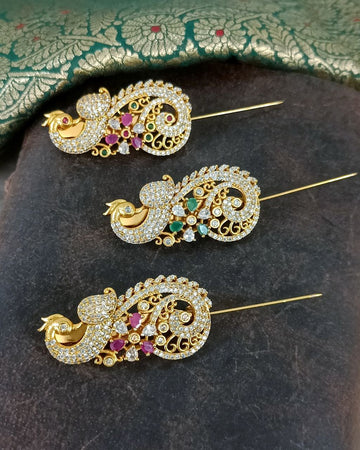 Gold Finish Multistones Peacock Saree Brooch Pin - GL-GA1505-40