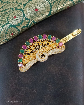 Gold Finish AD Crystal Ruby Emerald Dancing Peacock Designer Hair Clip GL-HC1559-75