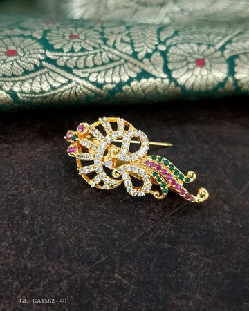 Gold Finish AD Ruby Emerald Saree Pin - GL-GA1562-40