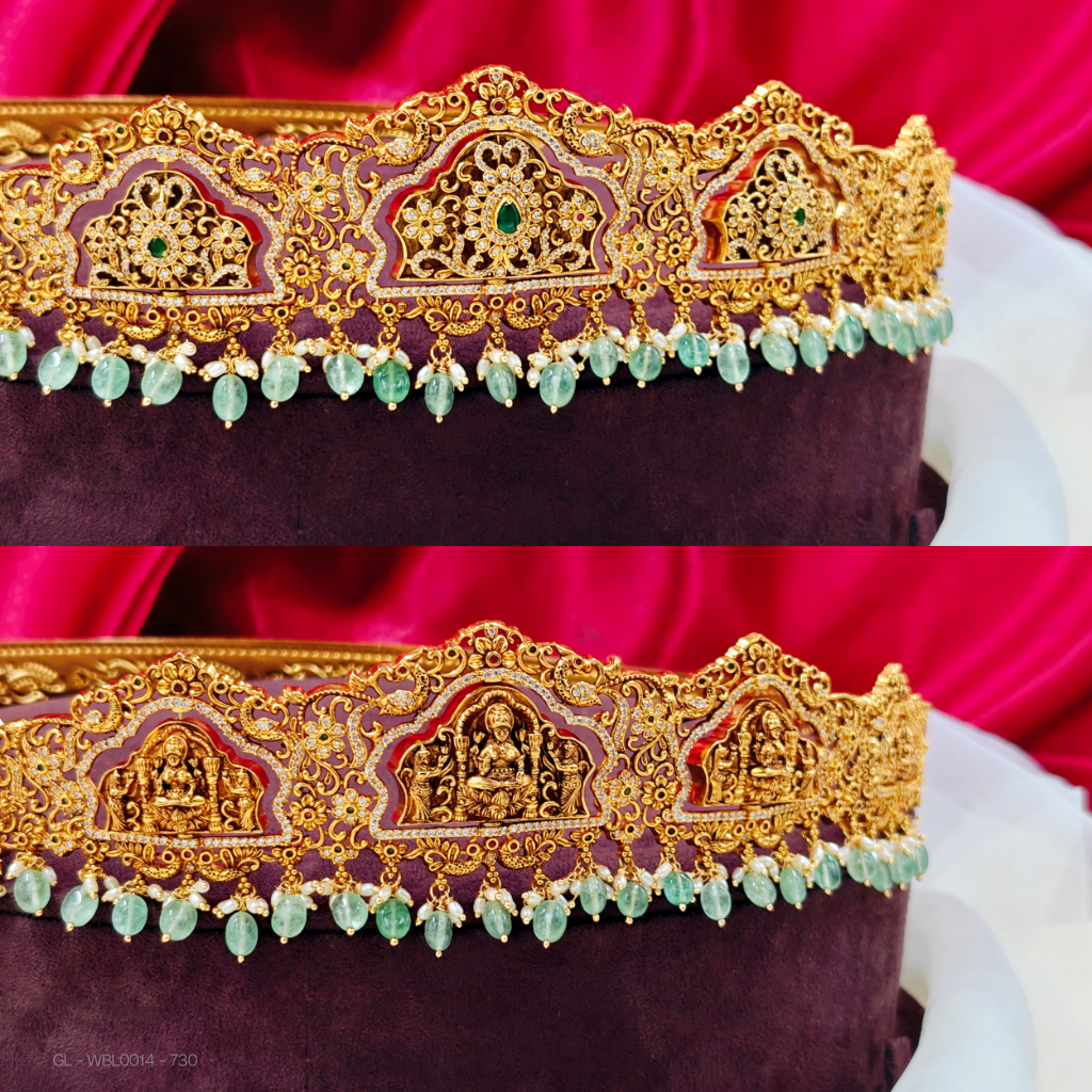 Adult hip belt-center Emerald stone -Lakshmi-sea green-pearl