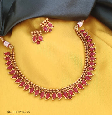 Gold Finish Red Mango alligned Necklace GL-SHO0914-75
