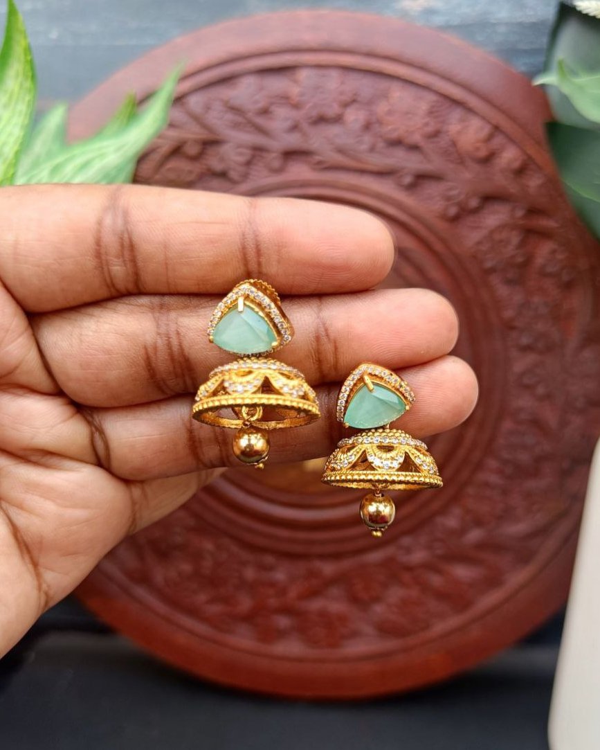 Gold Finish AD Sea Green Stone Jhumkas GL-EA1229-97
