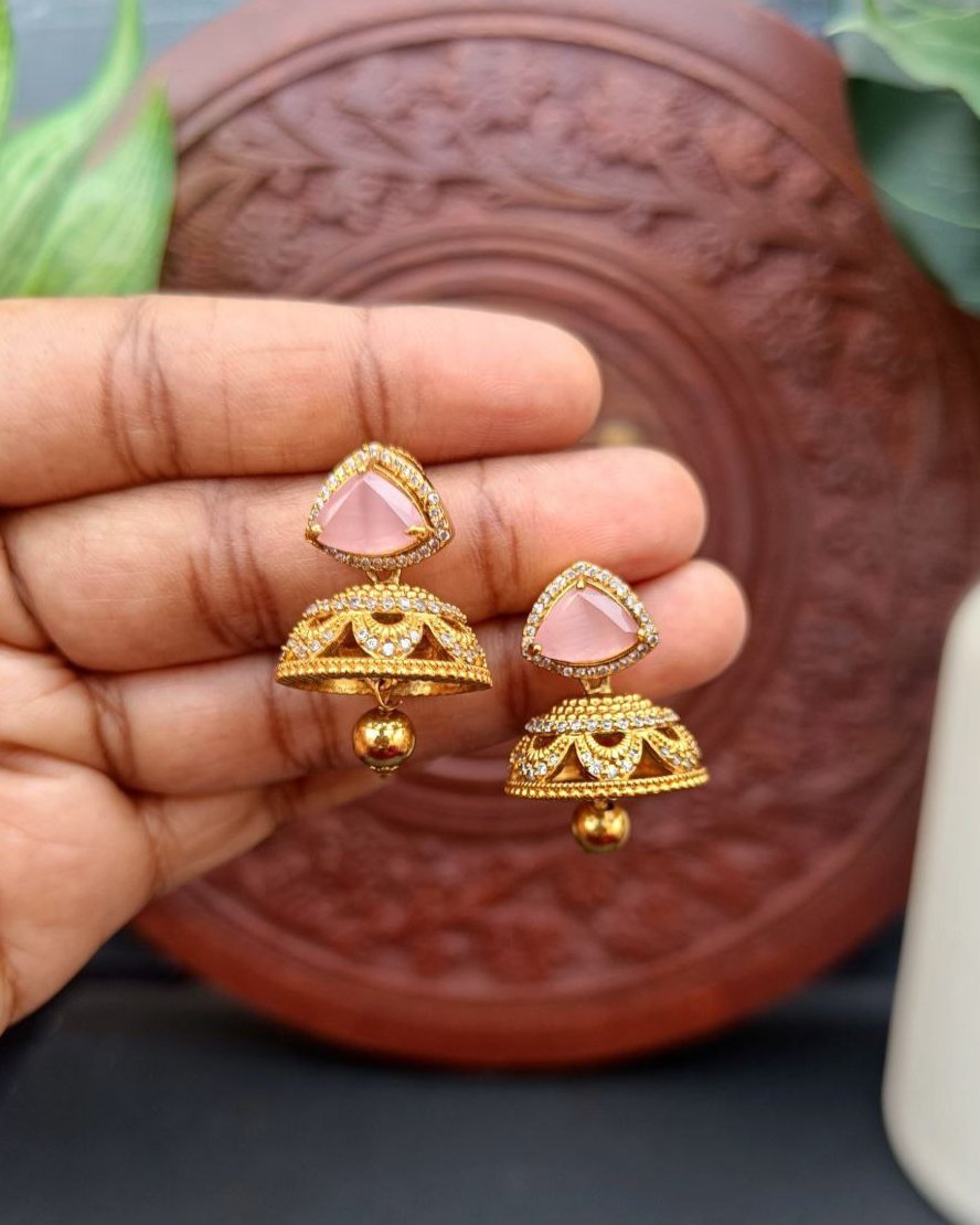 Gold Finish AD Pastel Pink Stone Jhumkas GL-EA1231-97