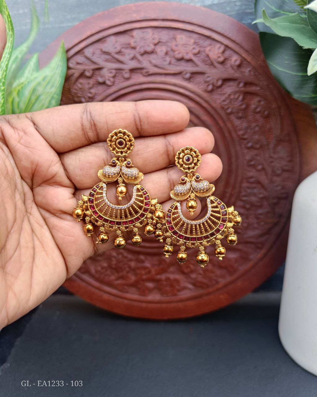 Chandbali Earring With Green Beads | Urvaa | One Gram Gold Chandbali Earring  With Green Beads Jewellery