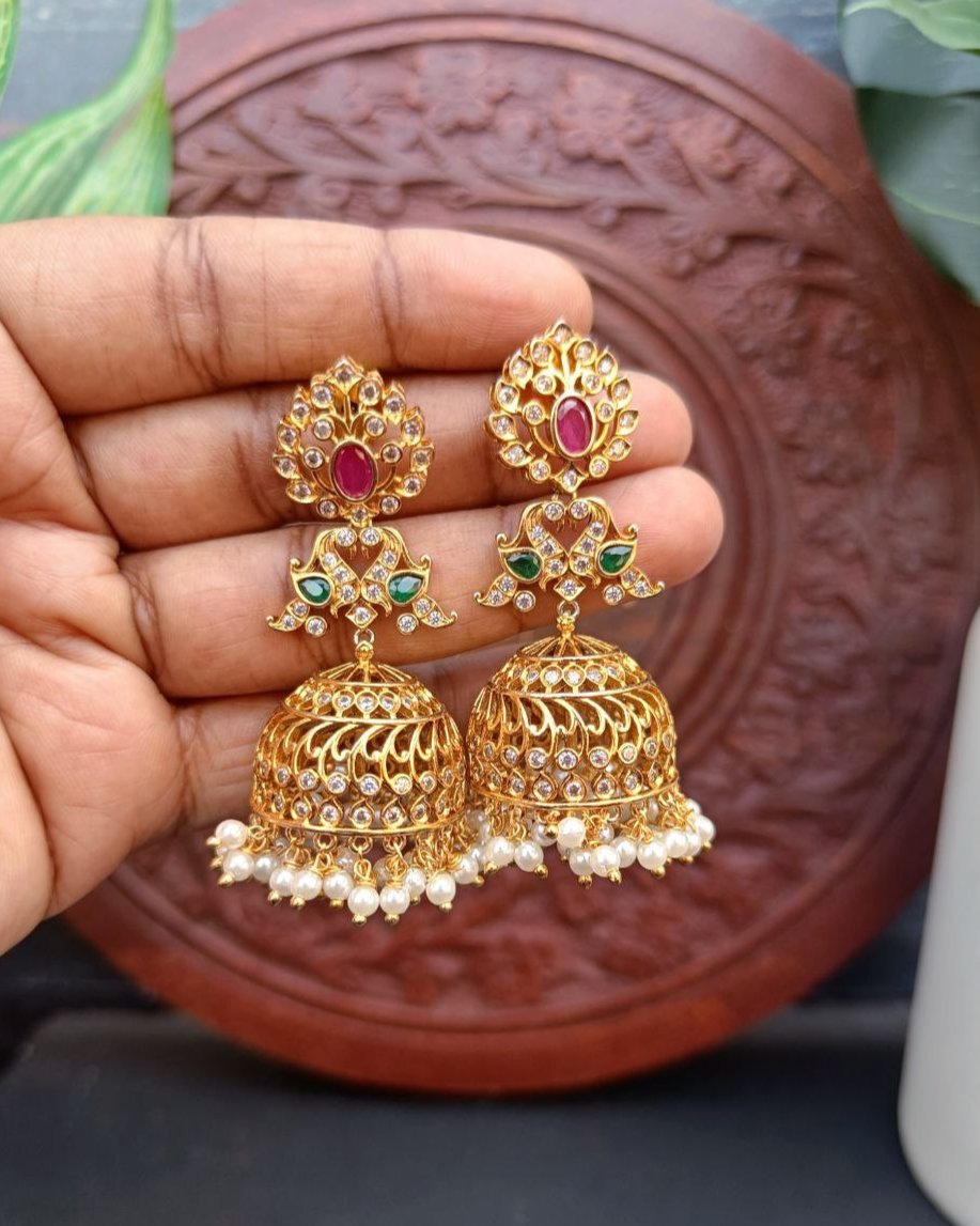 Gold finish CZ Ruby Emerald Peacock Jhumkas GL-EA1234-109
