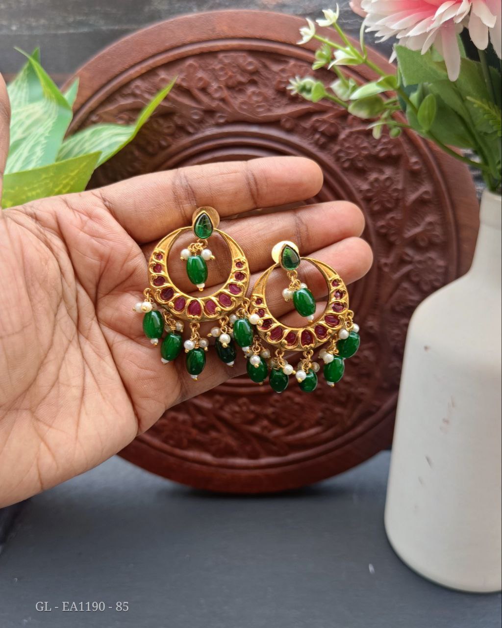 Gold Finish Green Beaded Ruby Chandbali Earrings GL-EA1190-85