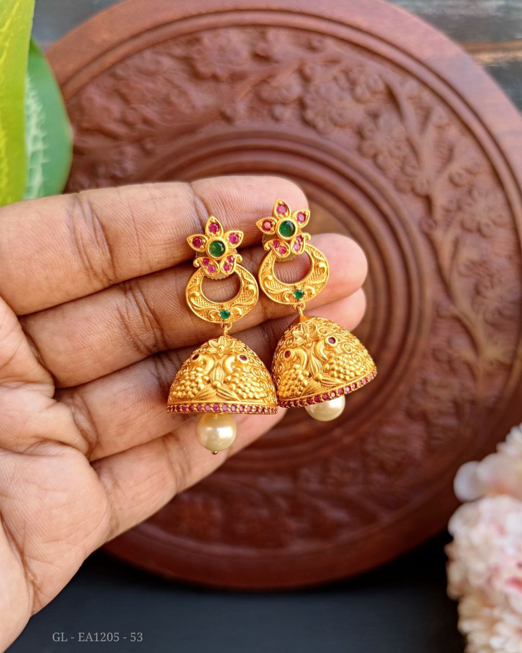 Gold Plated Ruby emerald Peacock Carved Jhumkas GL-EA1205-53