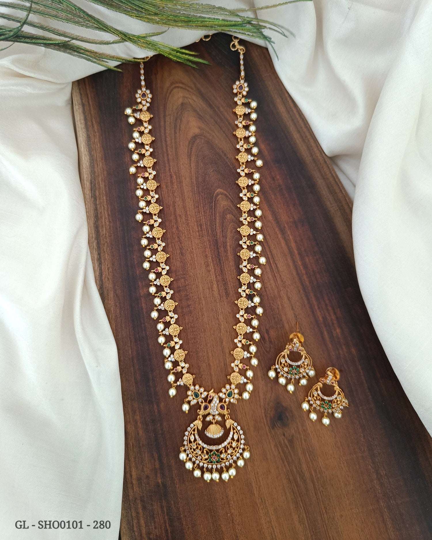Gold look Chandbali Peacock long necklace GL-LON0101-280